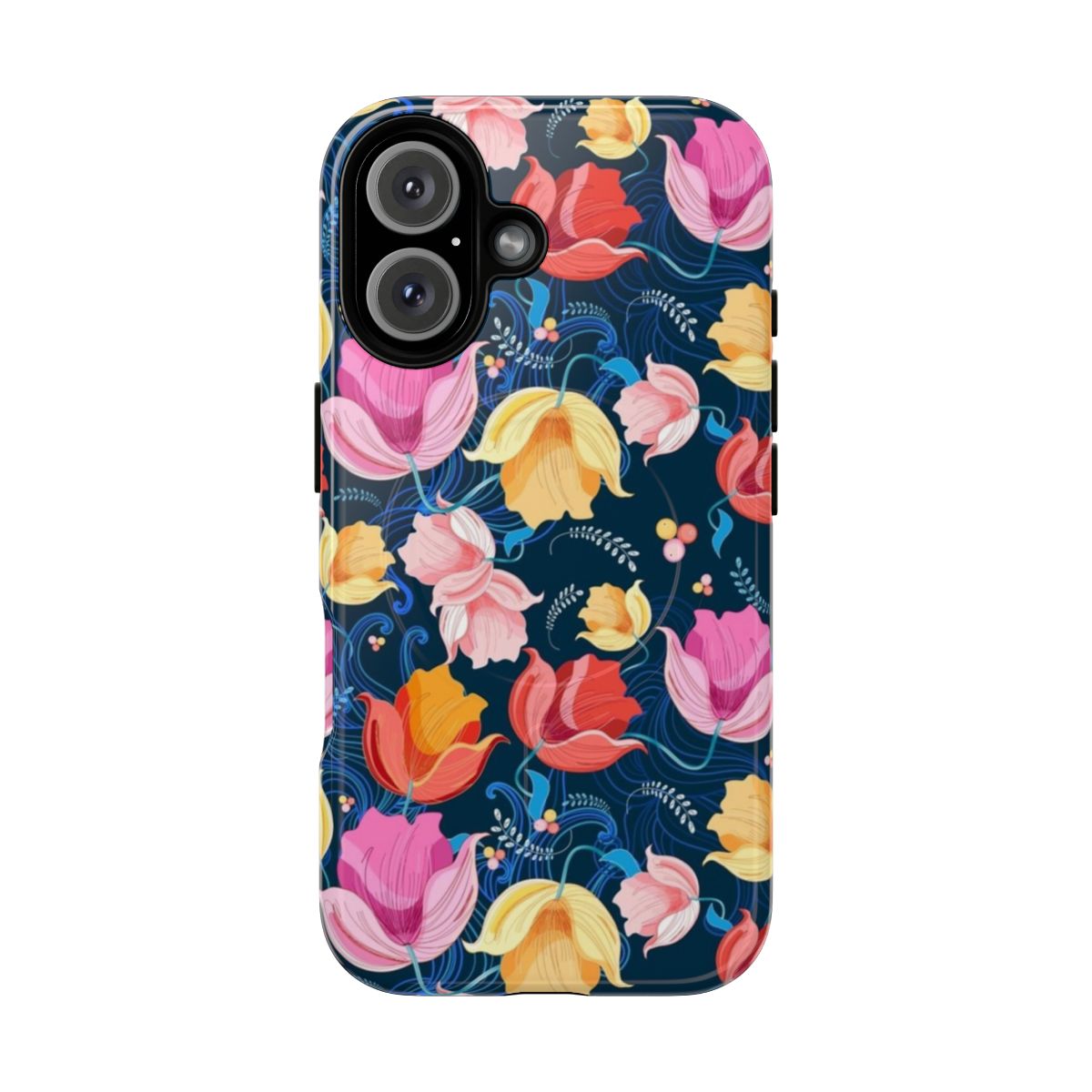 Vibrant floral pattern phone case featuring tulips and other flowers