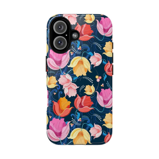 Vibrant floral pattern phone case featuring tulips and other flowers