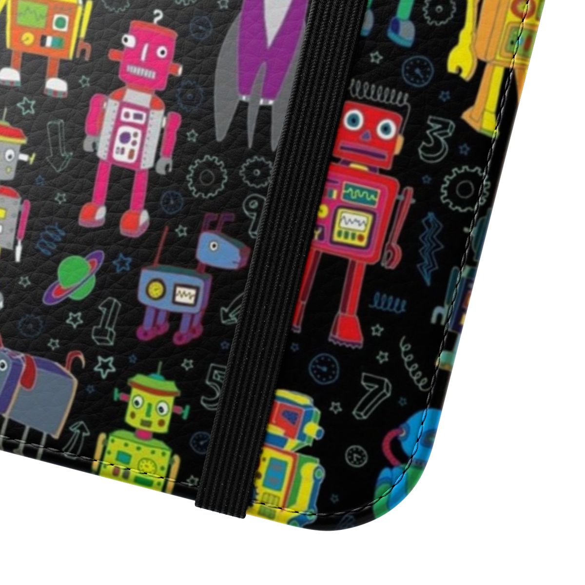 Colorful space robots, spaceships, and rocketships on a black background phone case - Close Up