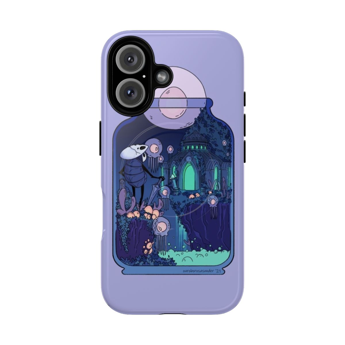 A durable phone case featuring a terrarium design with Quirrel from the video game Hollow Knight.