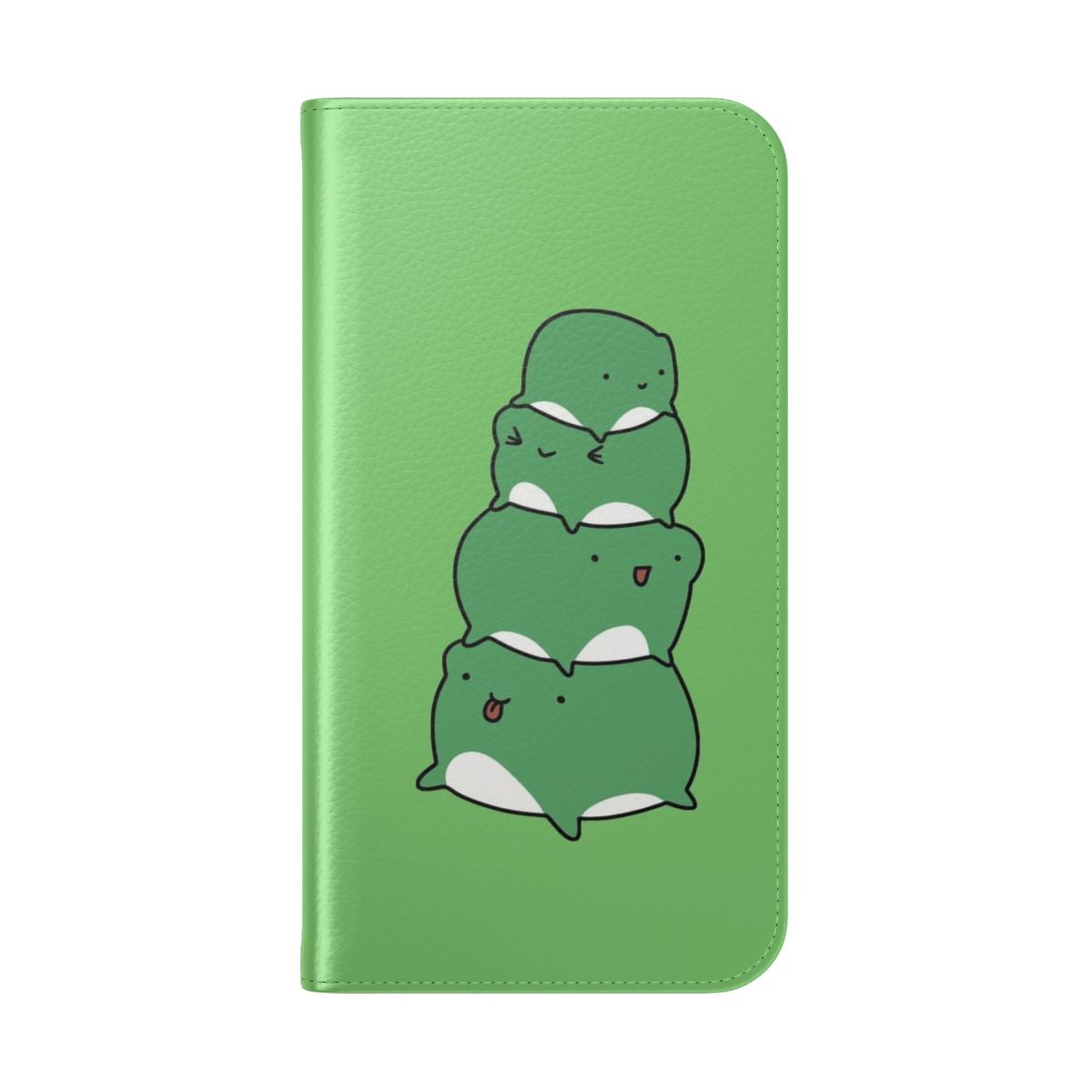 A colorful and playful phone case featuring a stack of adorable cartoon frogs. - Folded Back