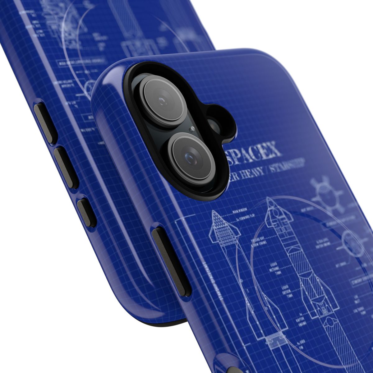 SpaceX-inspired magnetic tough phone case featuring a vertical blueprint of the Starship and Super Heavy rocket - Detail