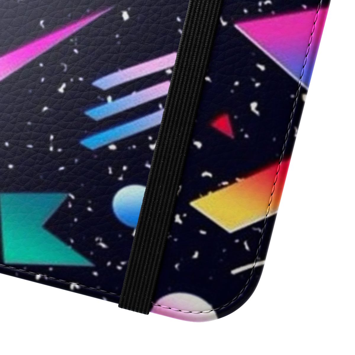 A dark, abstract vaporwave-style graphic featuring bold colors and retro 80s aesthetics on a flip phone case. - Close Up