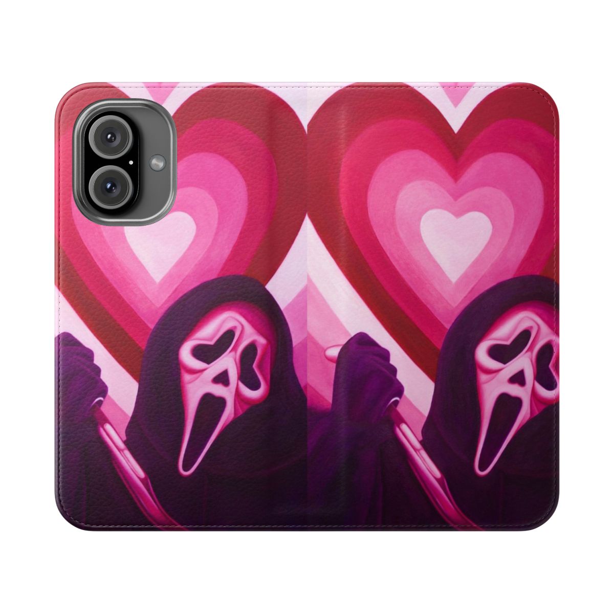 A flip cover phone case featuring a pink heart-shaped eyes design with the Ghostface character from the Scream horror movie franchise.