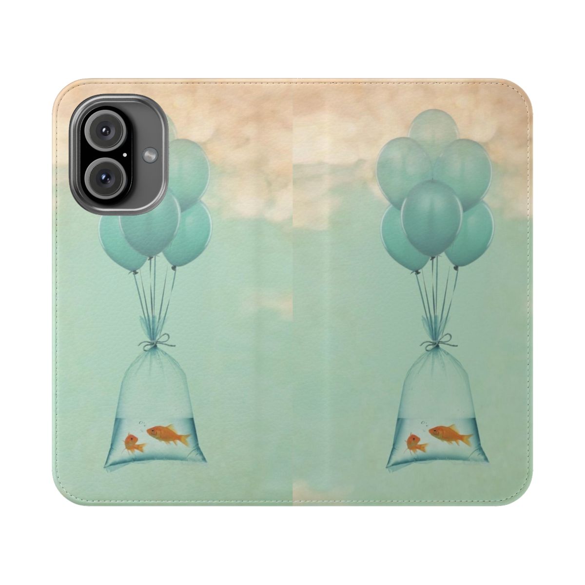 Whimsical phone case cover with illustrated goldfish and hot air balloons floating in a cloudy sky