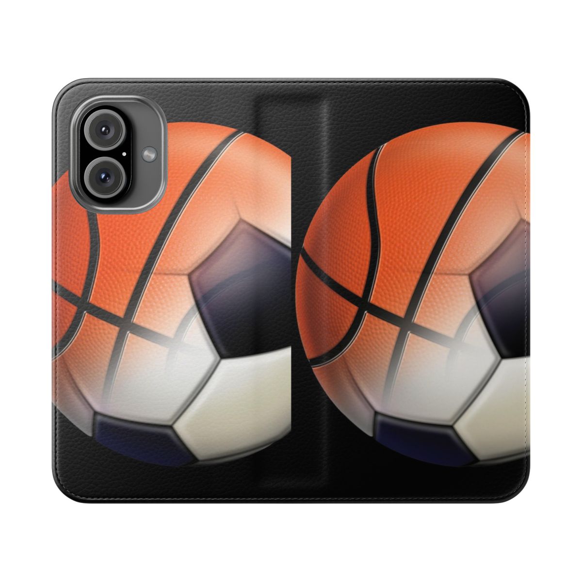 Colorful flip phone case featuring basketball and soccer ball designs