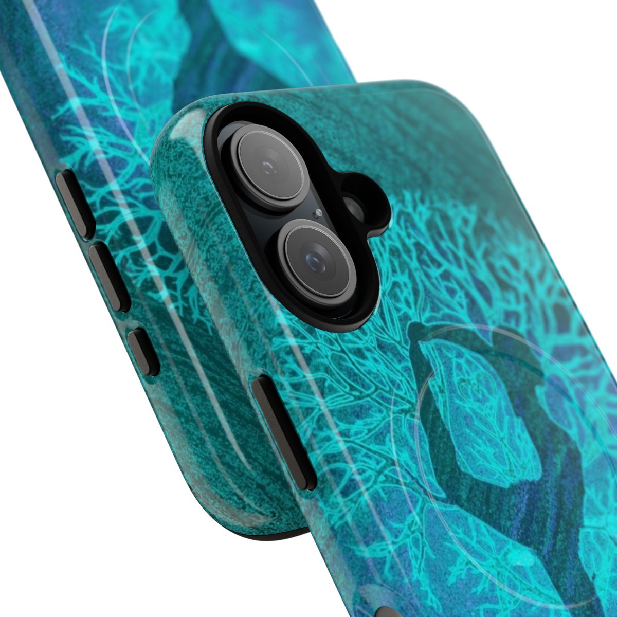 Tree of Life yoga phone case with teal and aqua colors depicting a tree in a yoga pose for balance and harmony - Detail