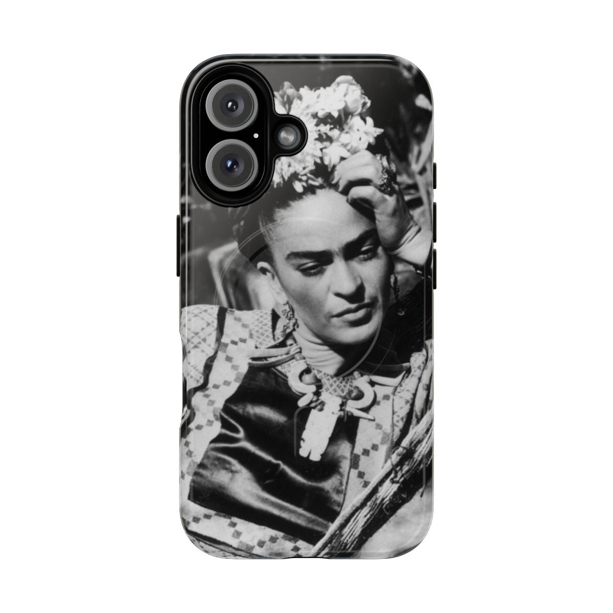 Artistic phone case featuring a portrait of Mexican artist Frida Kahlo with flowers