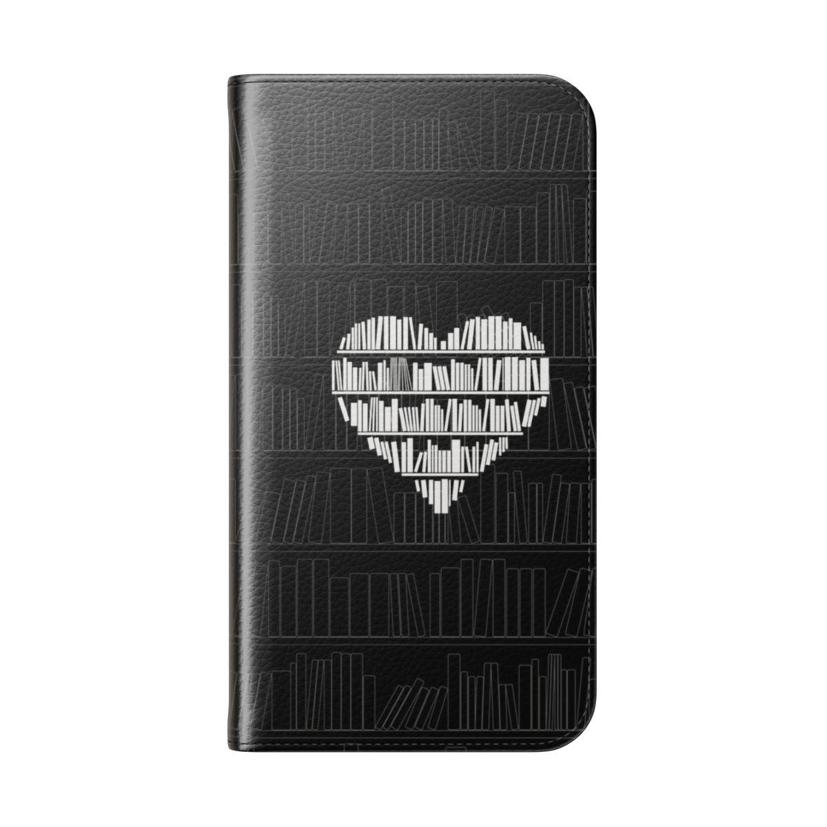 Stylish phone case for book lovers, featuring a book design and heart symbol. - Folded Back