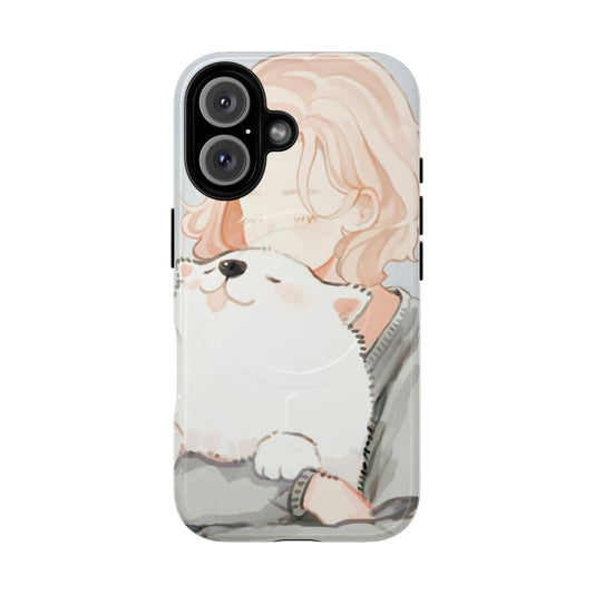 Magnetic tough phone case with a dog or girl design