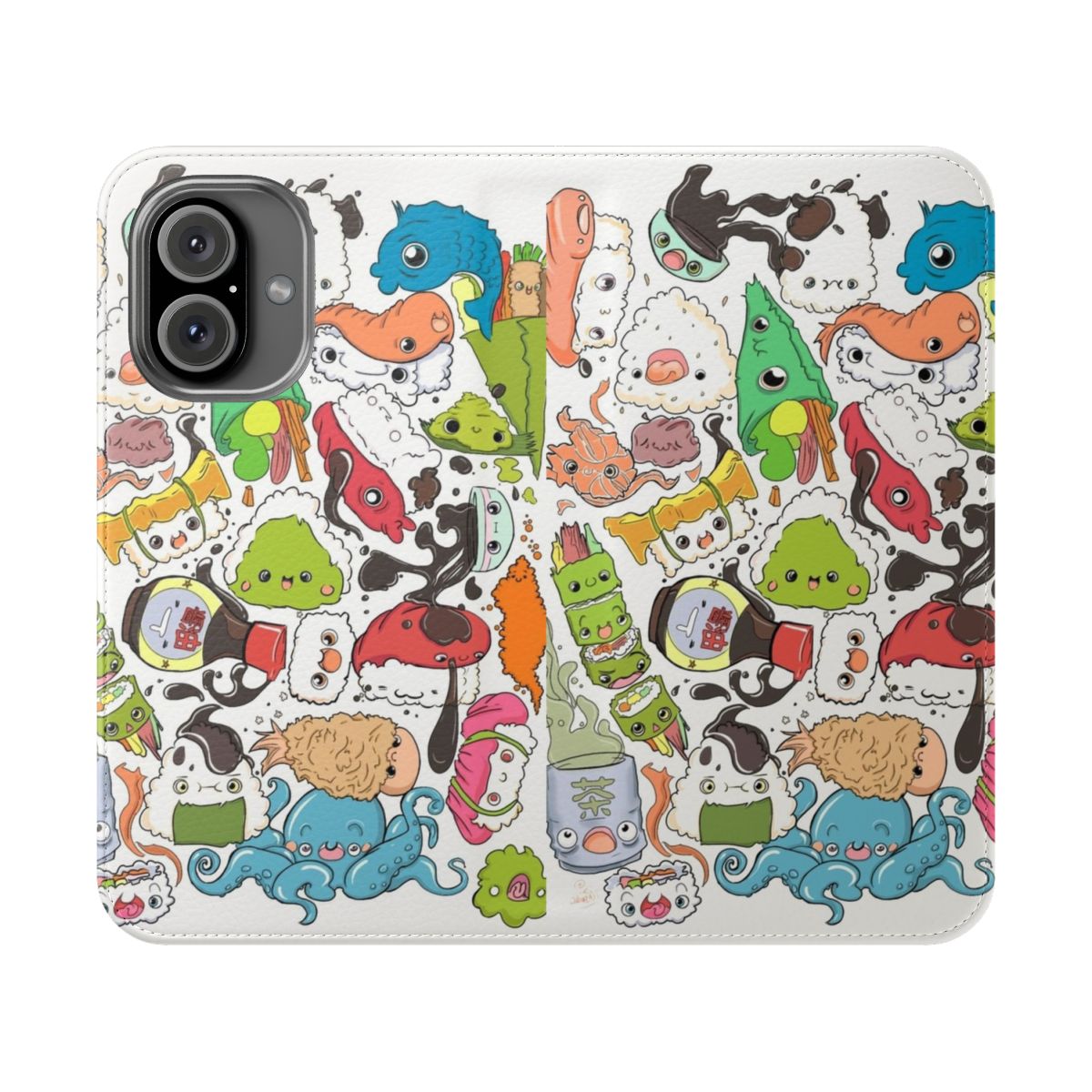 Colorful and detailed illustration of sushi, fish, and other Japanese food elements on a phone case