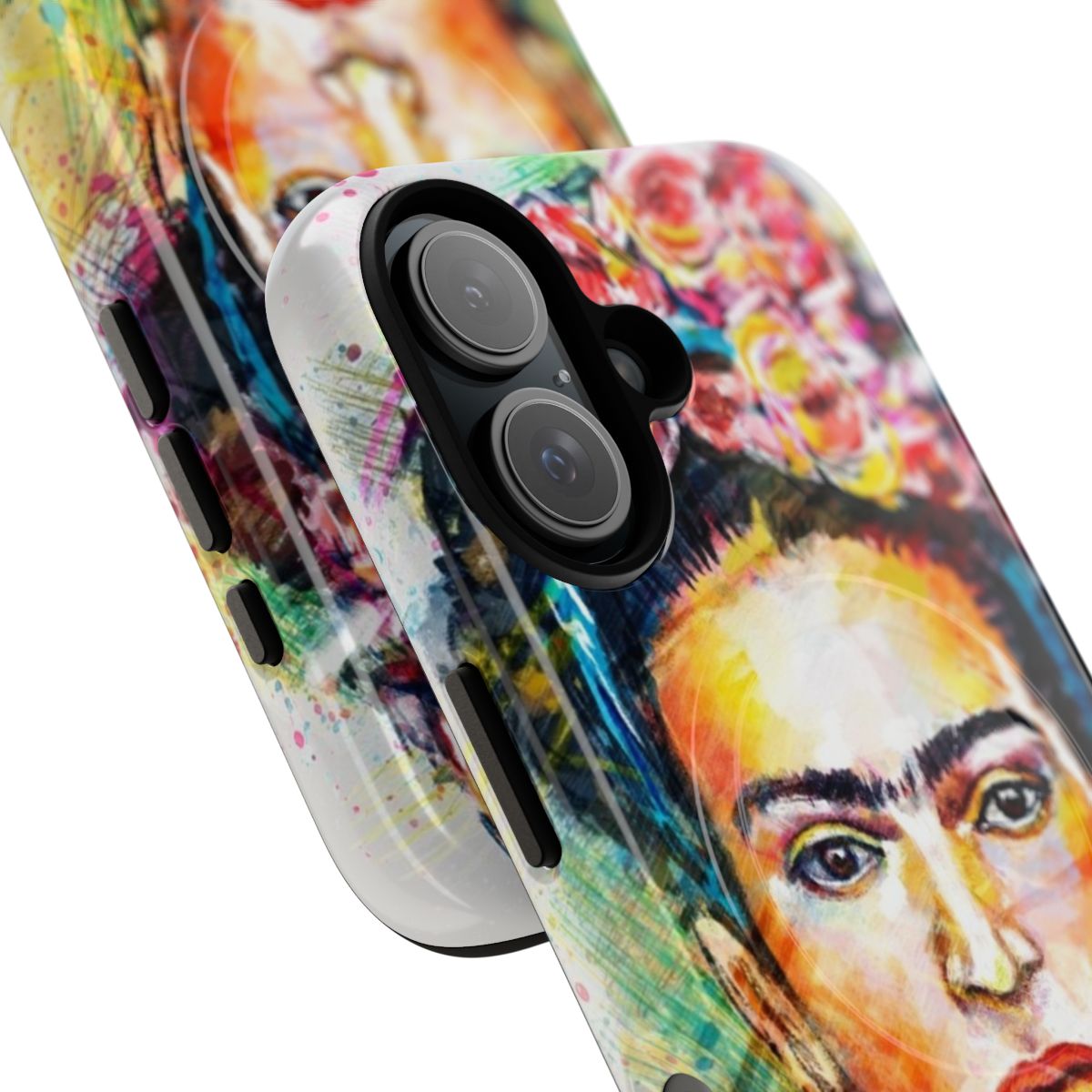 Colorful and expressive phone case featuring a portrait of the iconic Mexican artist Frida Kahlo. - Detail