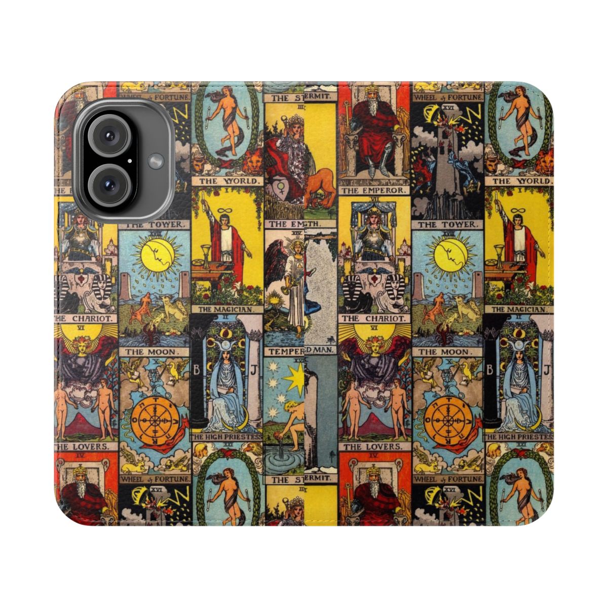 Flip phone case featuring the Major Arcana tarot card imagery in a vintage Rider-Waite-Smith style design.