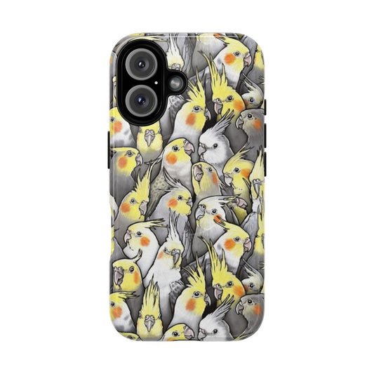 Colorful phone case featuring a pattern of adorable cockatiels and other Australian birds