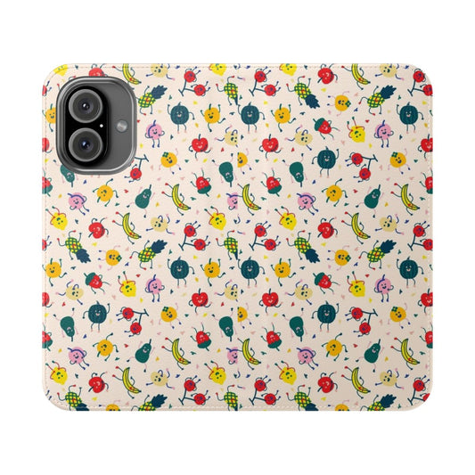 A colorful and whimsical flip phone case featuring a fun pattern of dancing, happy fruits like watermelon, strawberry, apple, pineapple, and more.