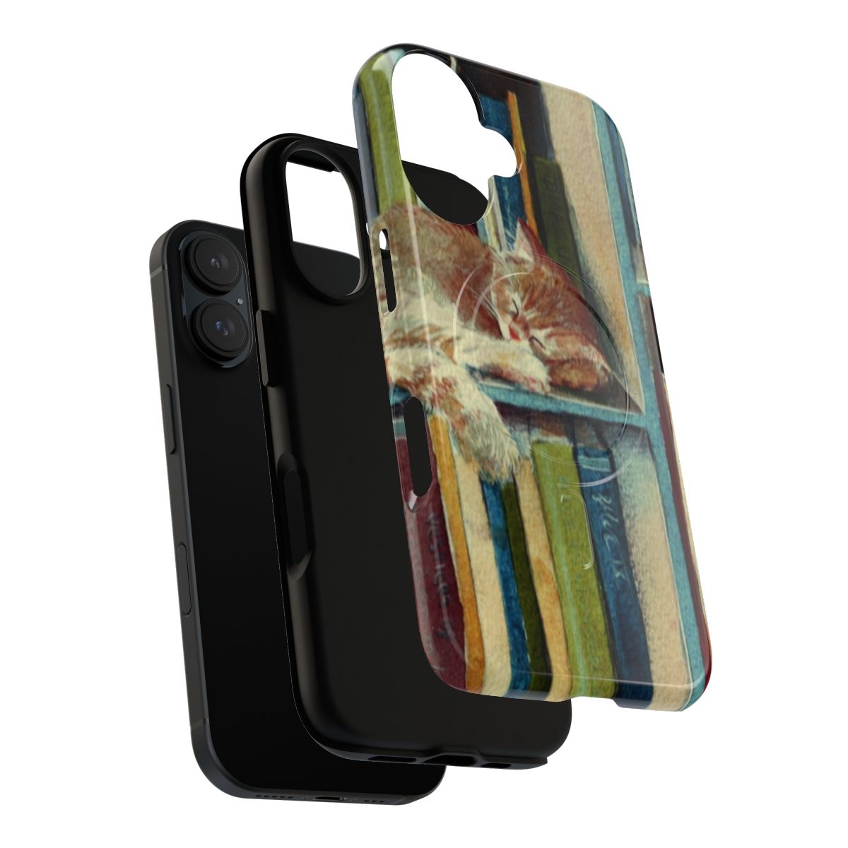 A magnetic tough phone case featuring a cozy illustration of a cat sleeping in a bookcase. - Layers