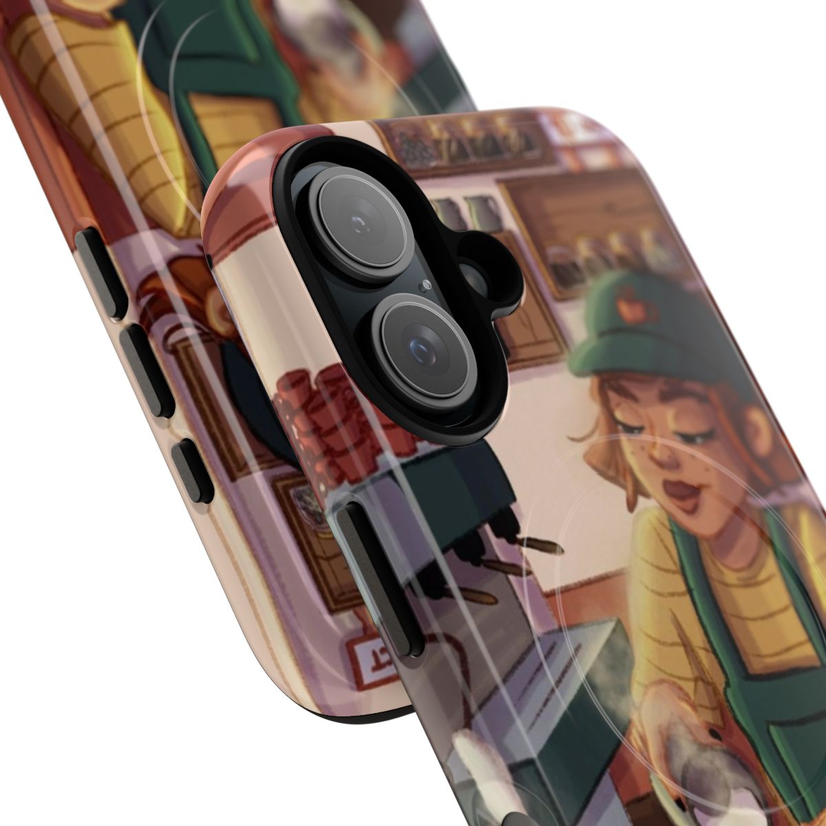 "Whimsical phone case featuring a magical barista witch character in a cozy, autumnal style" - Detail