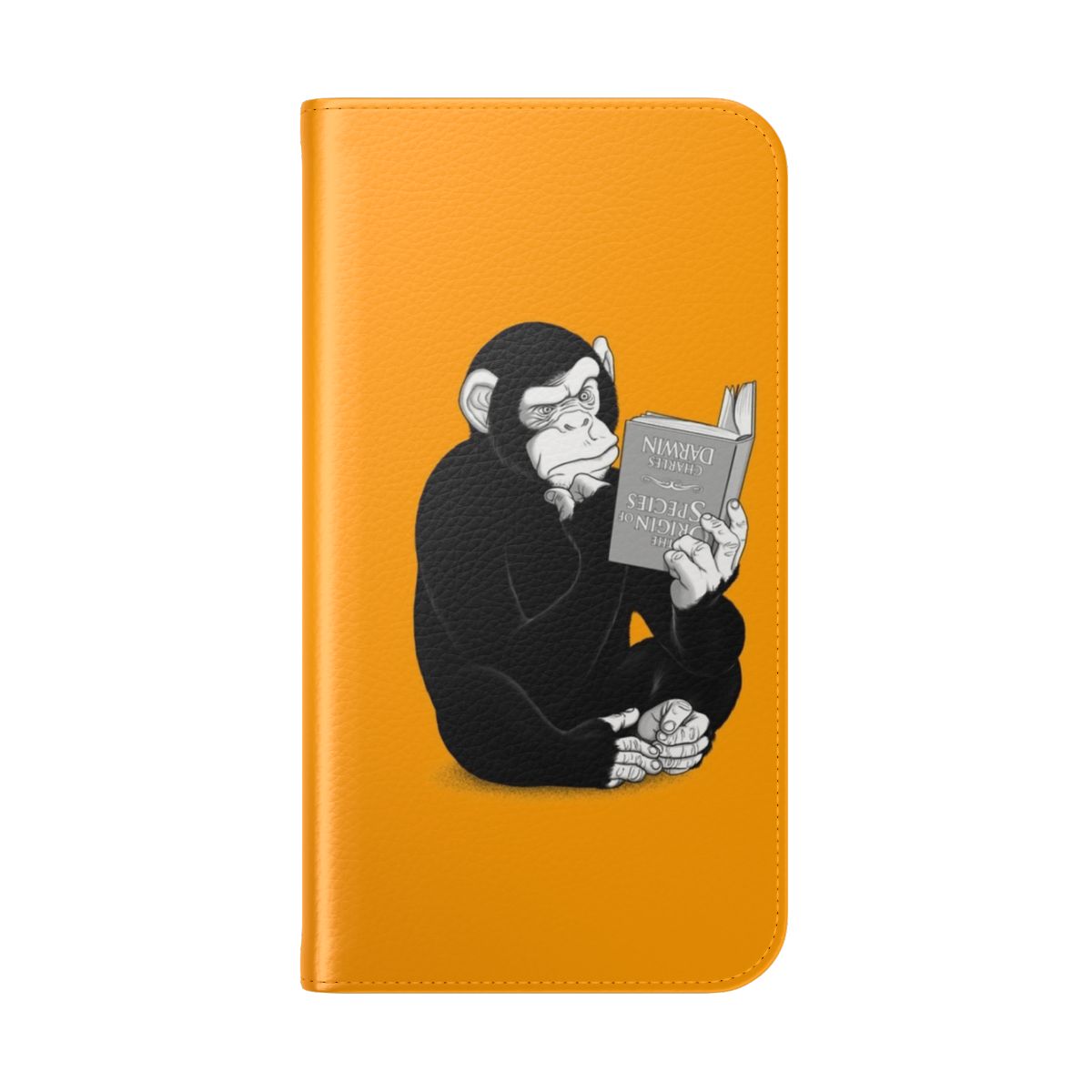 A black and white illustration of a confused-looking chimpanzee on a phone case, evoking the "Origin of Species" by Charles Darwin. - Folded Back