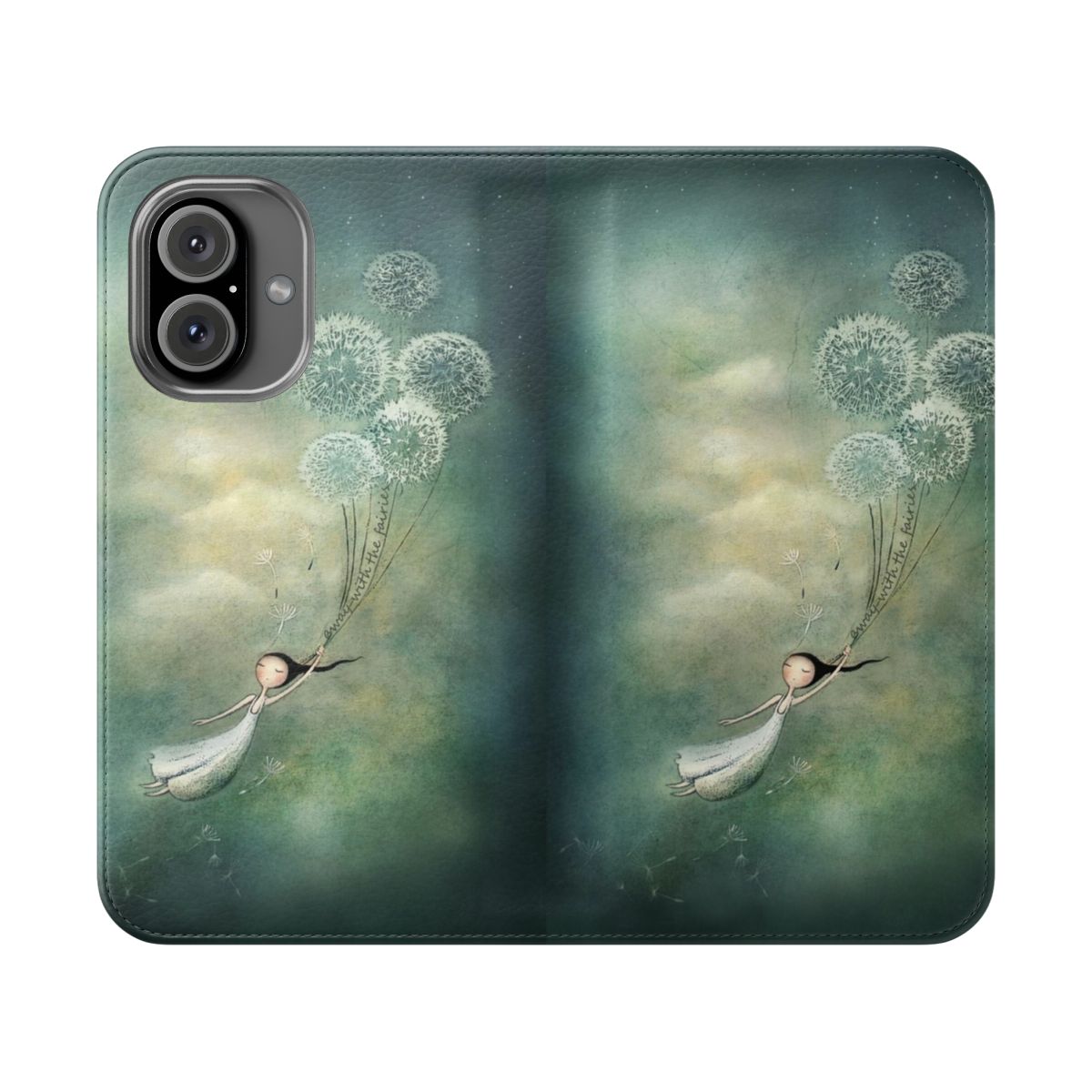 A whimsical flip phone case featuring a dreamy dandelion and fairy design.