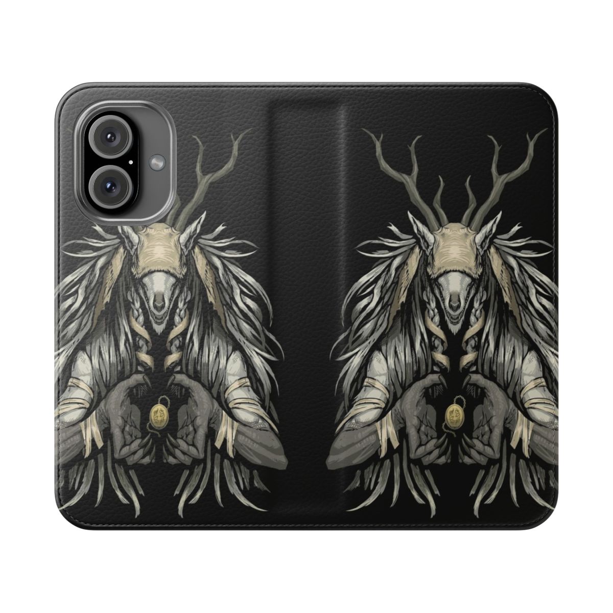 A flip cover phone case featuring a spooky, dark fantasy design inspired by the Bloodborne video game.