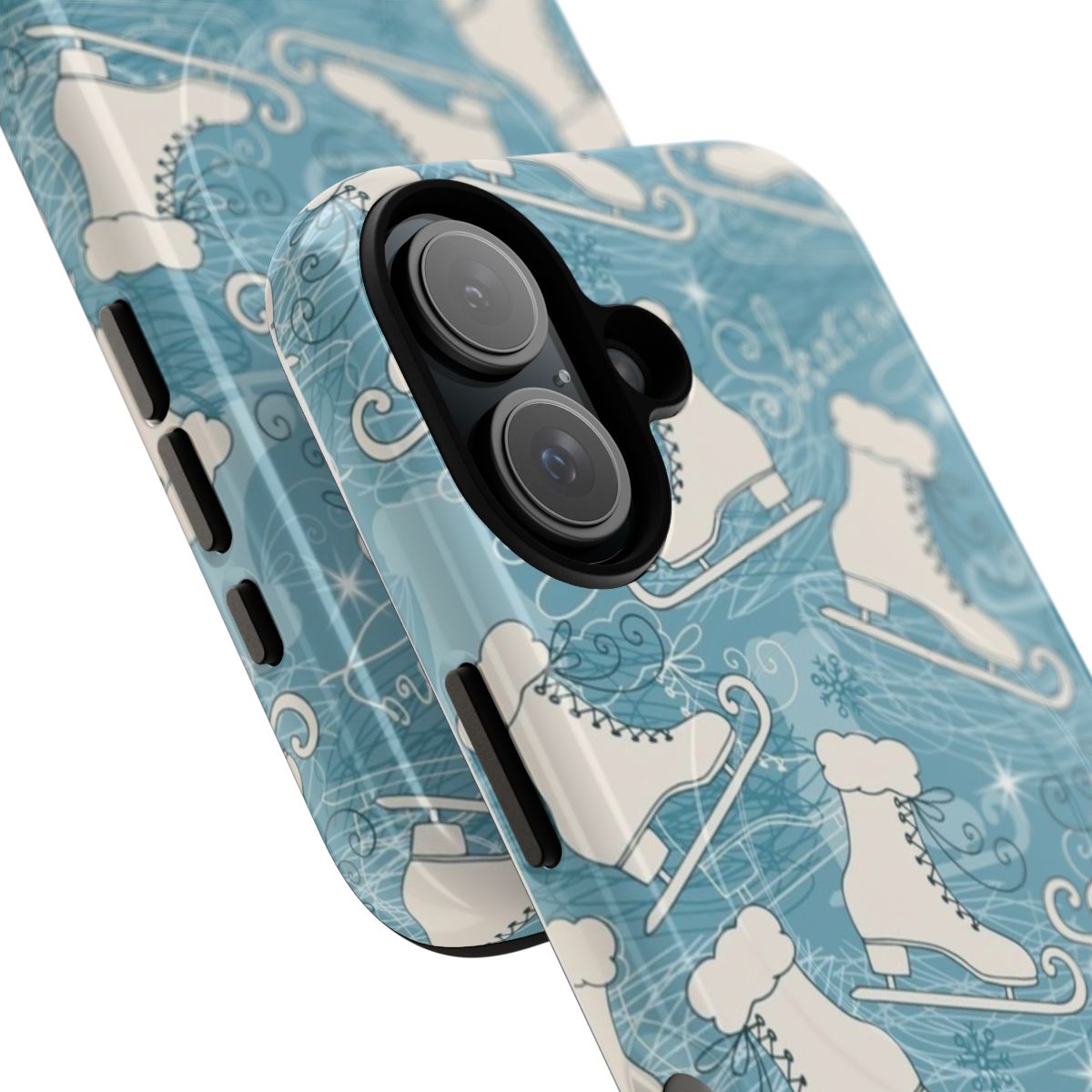 A stylish and protective phone case featuring a seamless pattern of ice skating silhouettes and winter-themed elements. - Detail