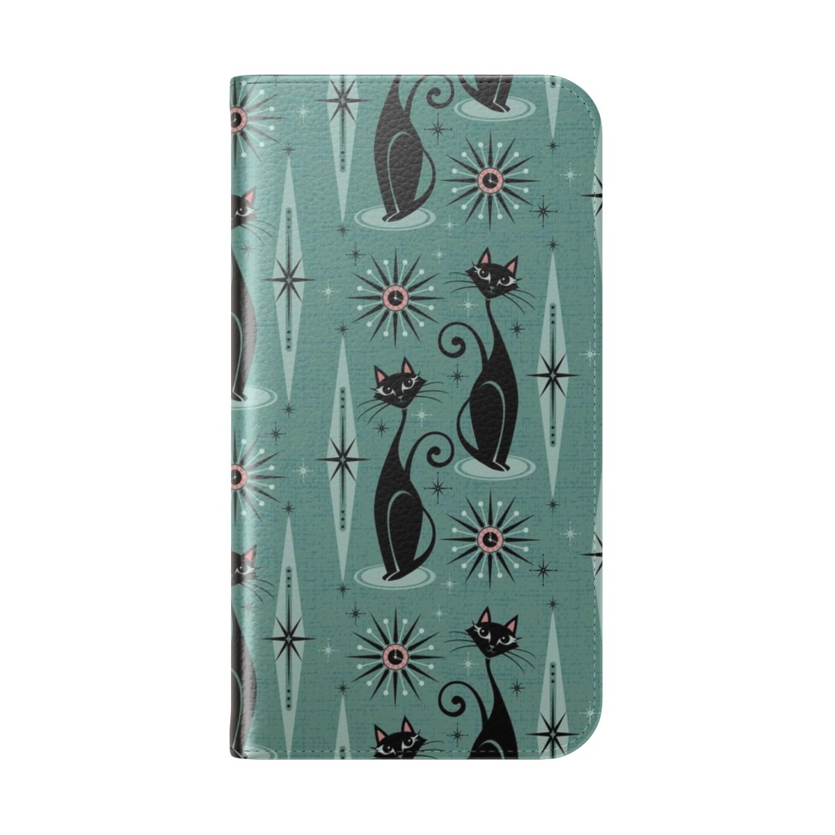 Flip phone case featuring a mid-century style design with cats, starbursts, and diamond patterns - Folded Back