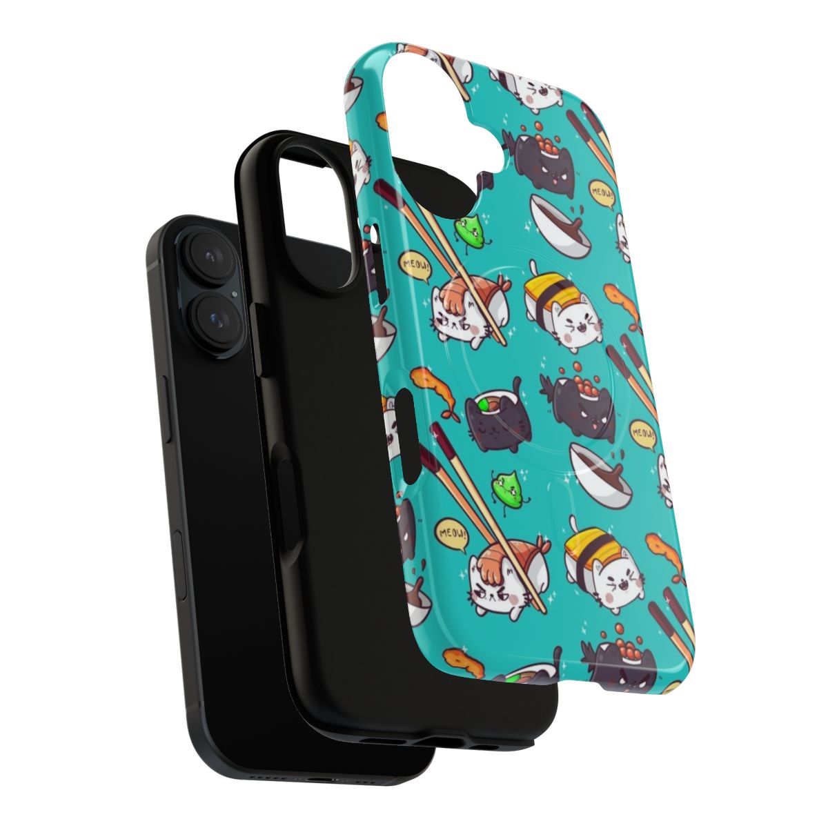 Vibrant and playful phone case featuring illustrated sushi cats in a kawaii pattern. - Layers