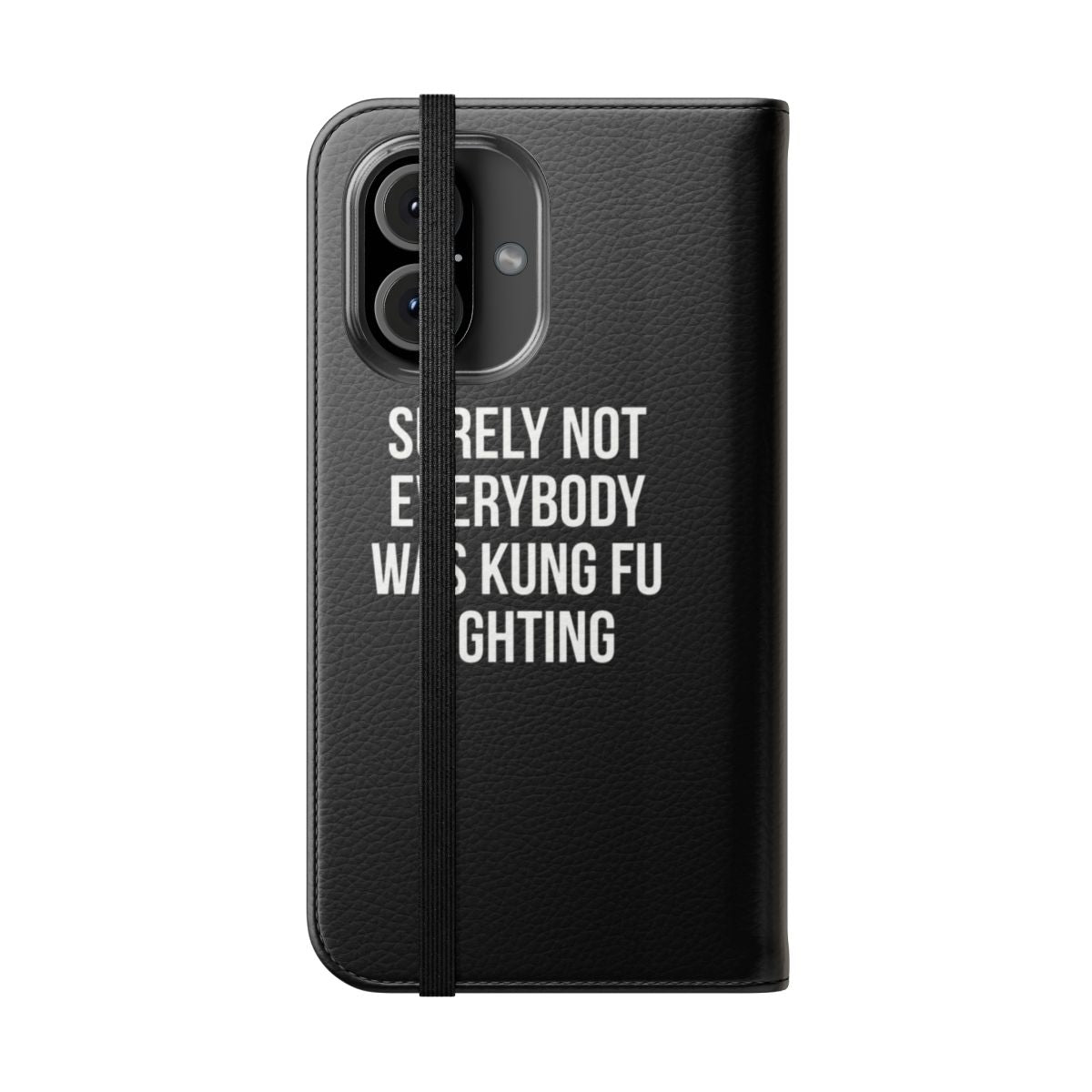 A funny flip cover phone case featuring a parody of the "Kung Fu Fighting" song title - Folded Front