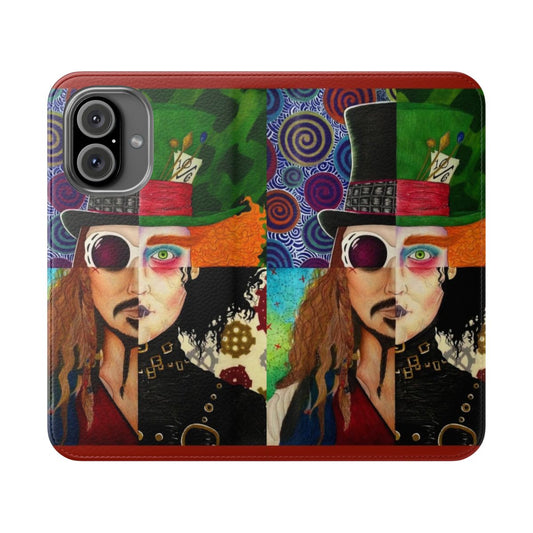 Colorful collage of Johnny Depp's iconic movie characters on a flip phone case