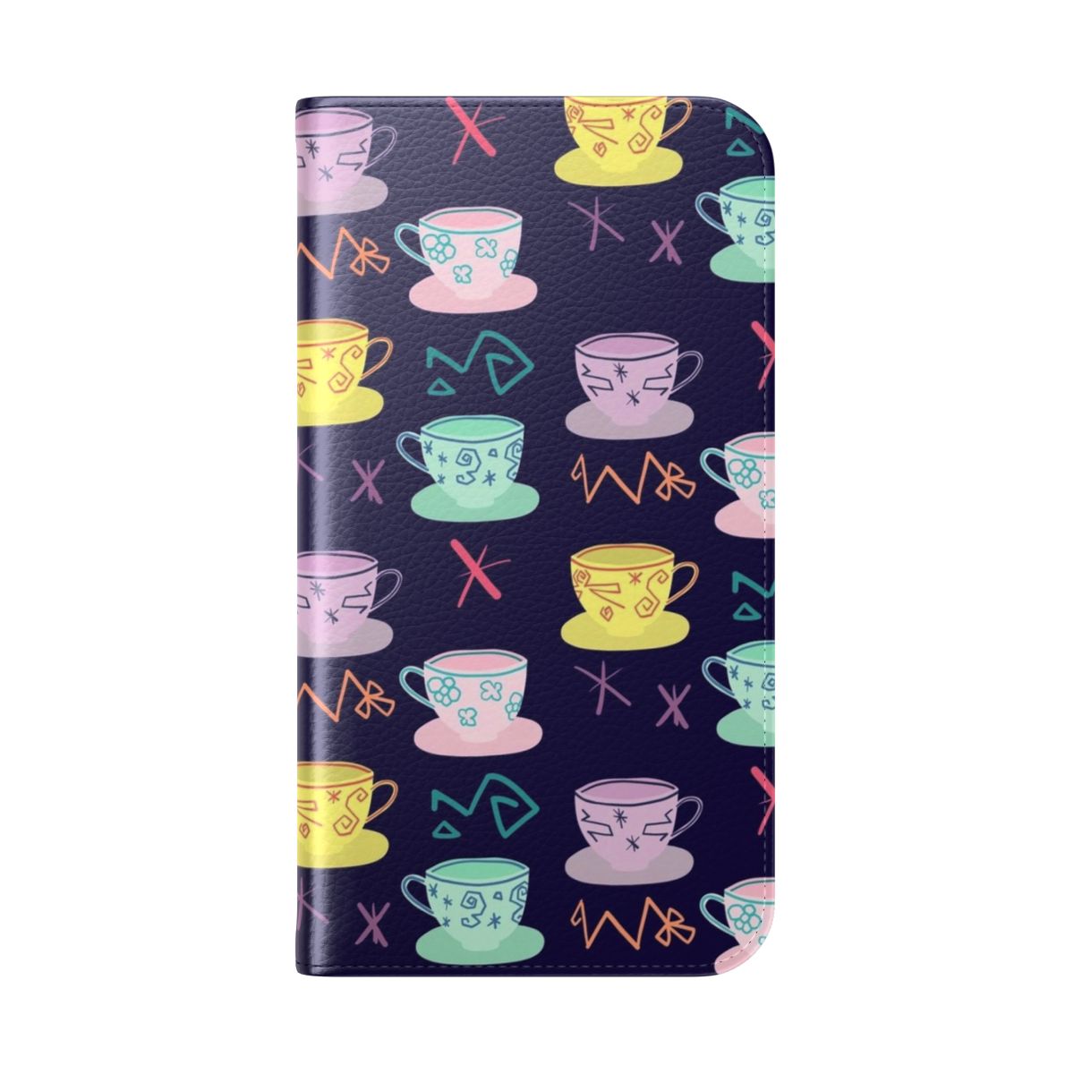 Vibrant flip phone case featuring an Alice in Wonderland-inspired mad tea party design. - Folded Back