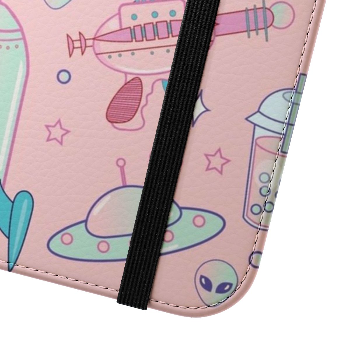 Pastel goth-inspired phone case with a cute galaxy and alien pattern design - Close Up