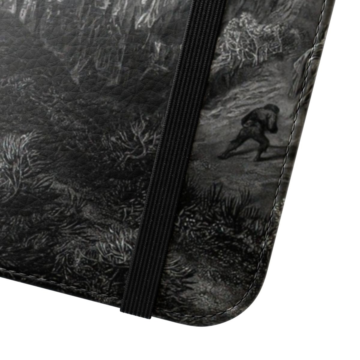 Artistic flip cover phone case featuring dark fantasy landscape inspired by Gustave Dore's illustrations for the literary classic Idylls of the King. - Close Up