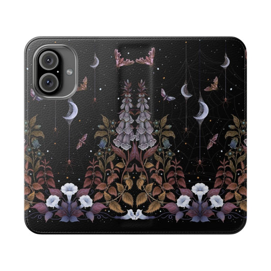 Gothic witch-themed phone case with spider web, crescent moon, and floral elements