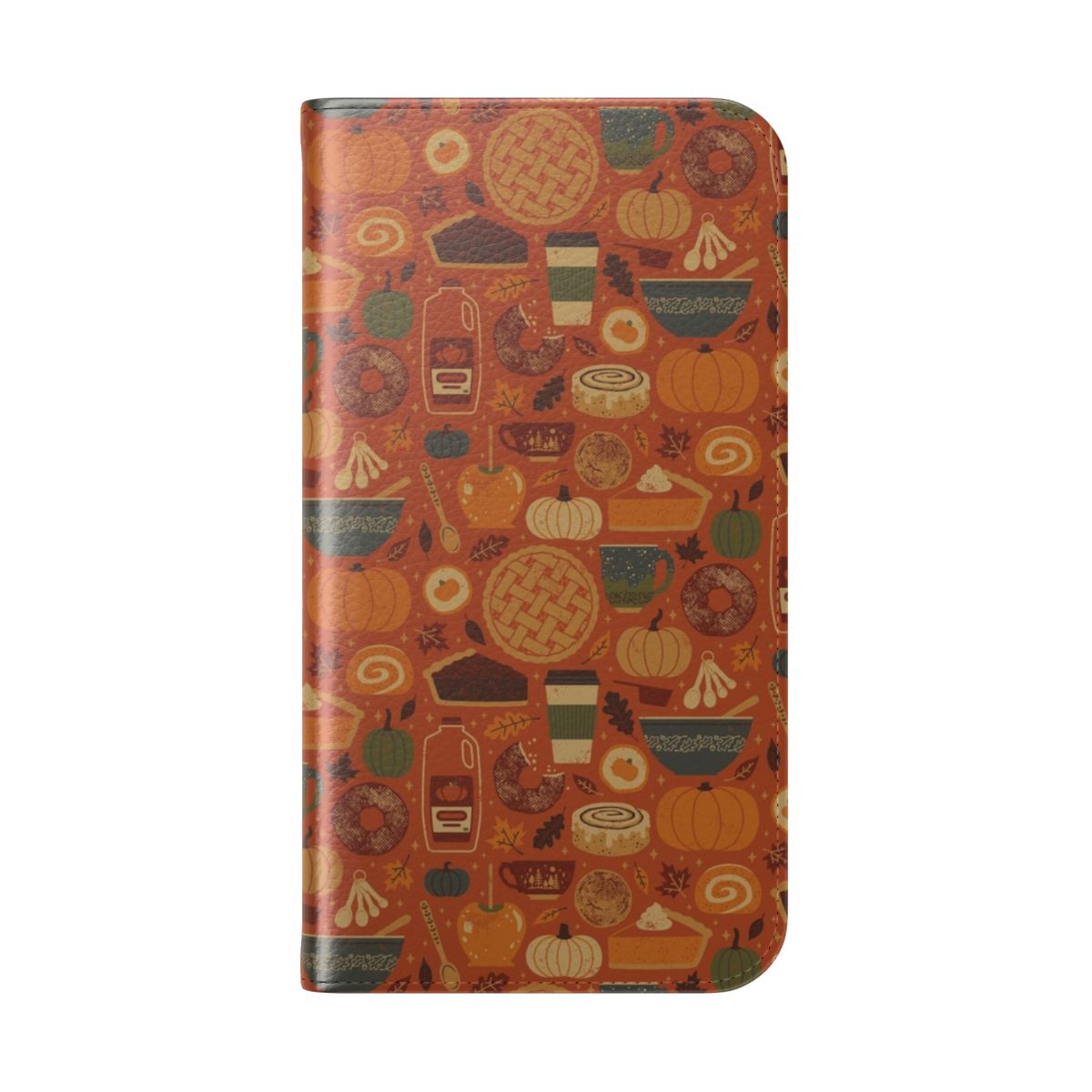 Pumpkin spice themed phone flip case with fall leaves and cinnamon accents - Folded Back