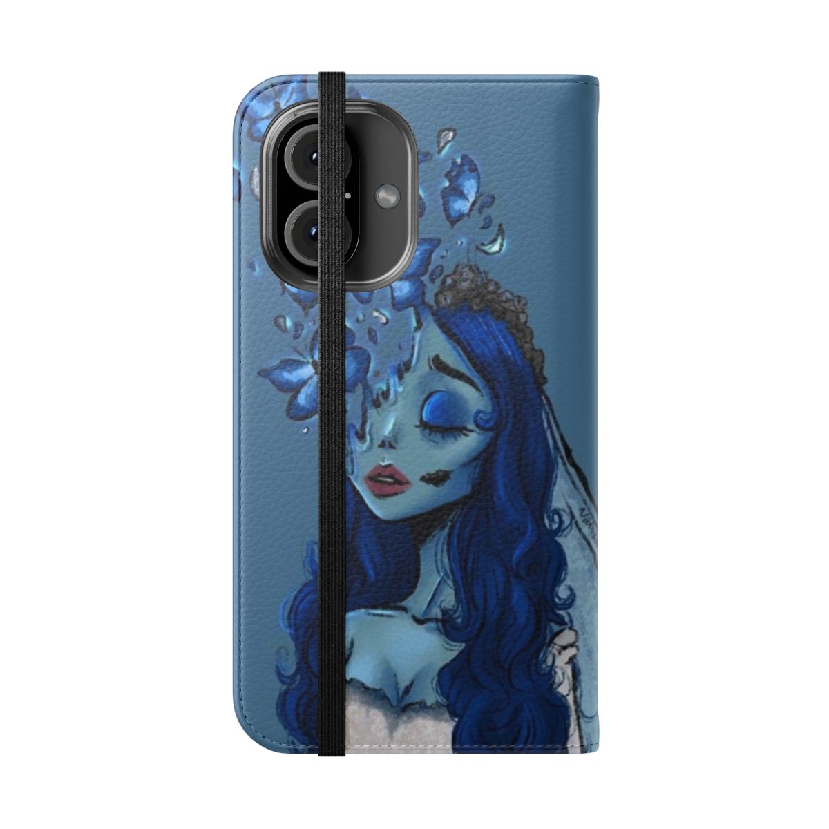 Blue butterfly premium flip cover phone case with Tim Burton inspired design - Folded Front