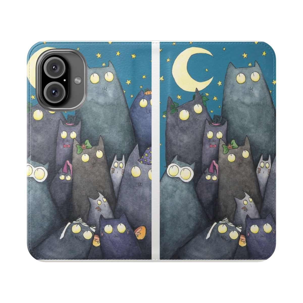 Flip cover phone case featuring a whimsical cat design with kittens, moon, and stars