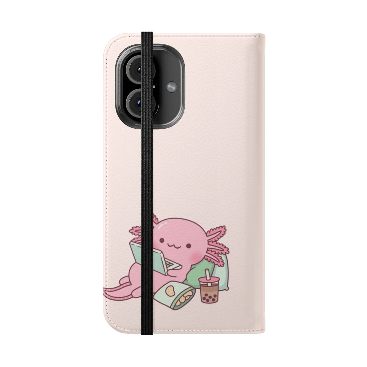 Cute and whimsical flip phone case featuring an axolotl design for a chilling and relaxing mobile experience. - Folded Front