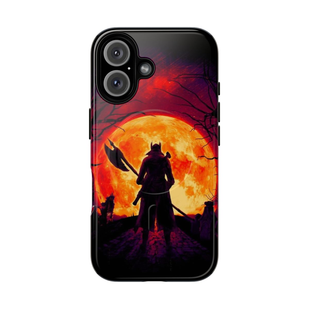 A Bloodborne inspired magnetic protective phone case with a dark, moody "Blood Moon" design.