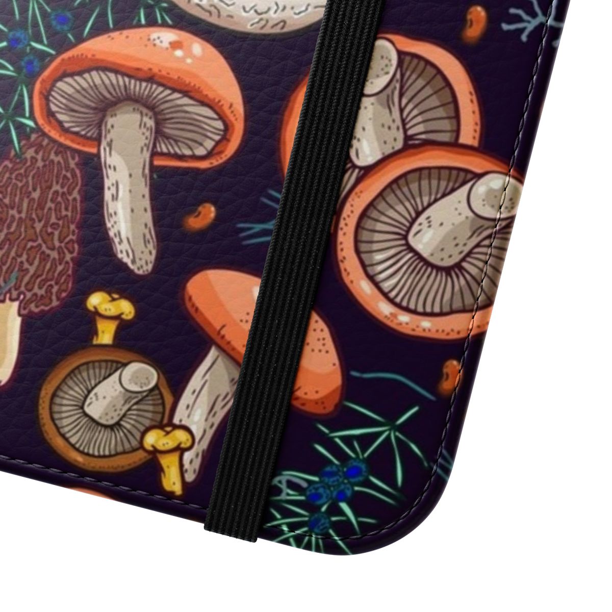 Detailed phone case featuring a whimsical forest scene with various mushrooms and botanical elements - Close Up