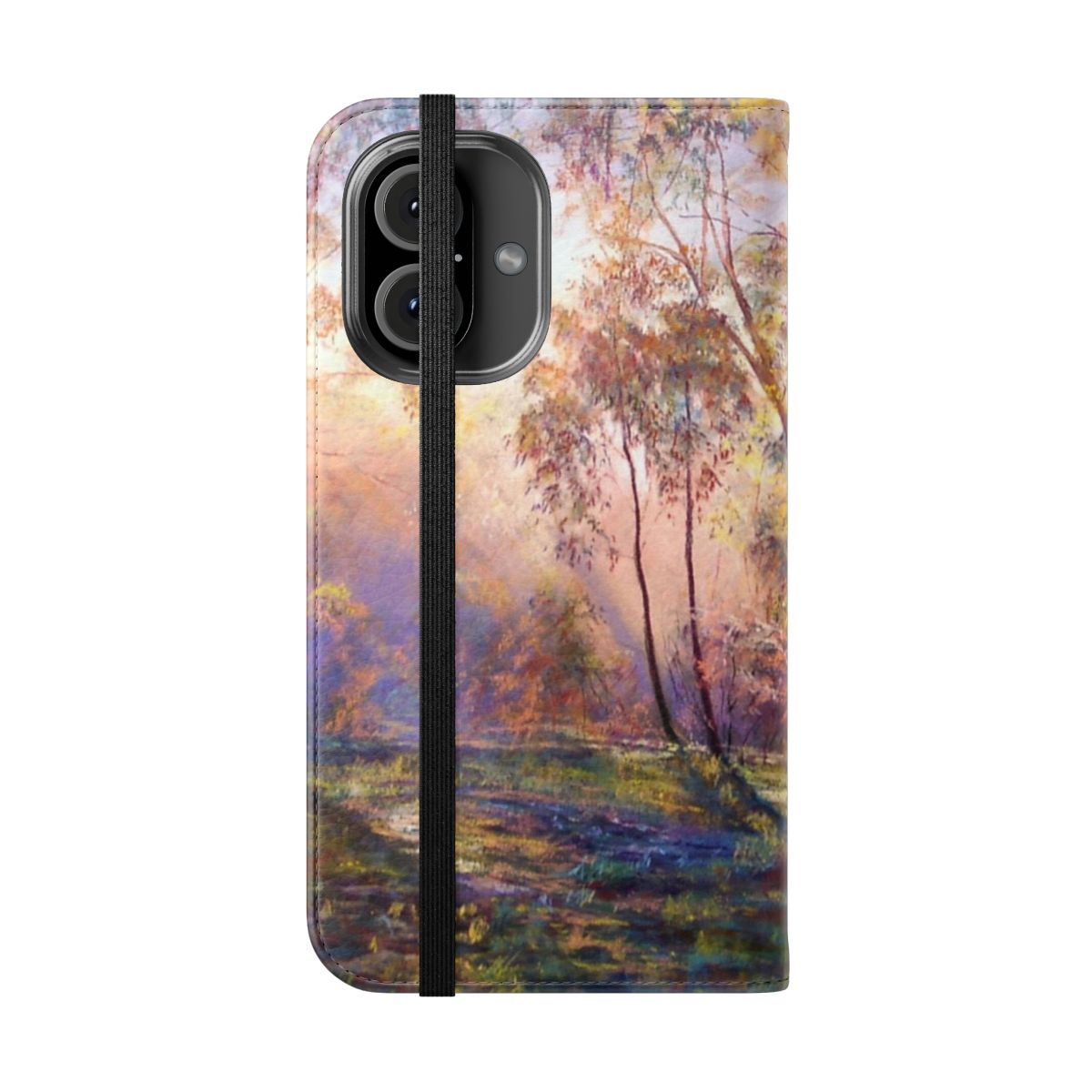 Flip cover phone case featuring a scenic landscape image of trees and nature - Folded Front