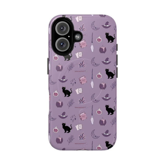 Bewitching purple phone case with black cat and crescent moon design