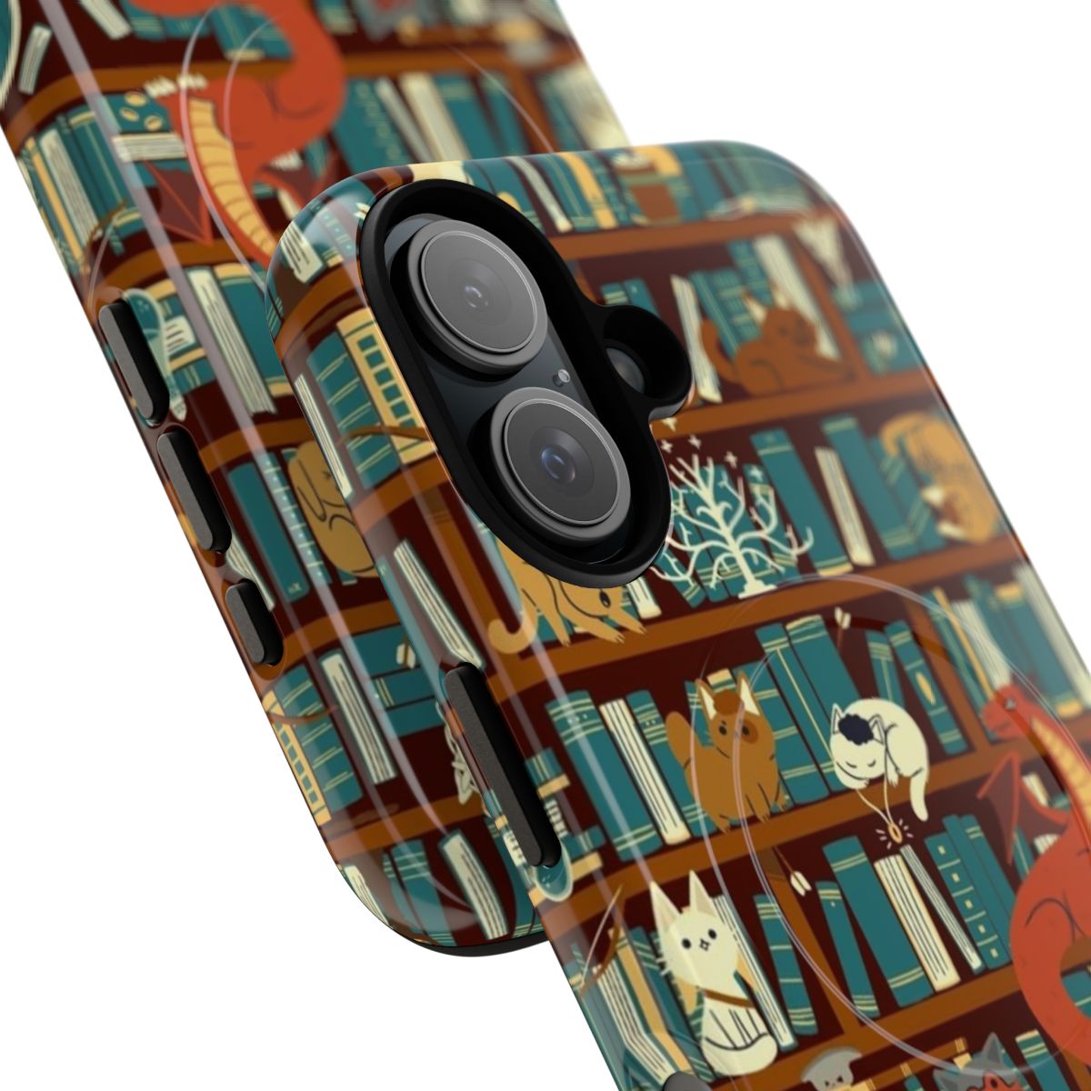 Magnetic phone case with fantasy book, dragon, and cat design - Detail