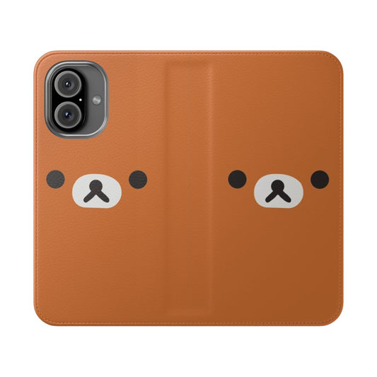 A cute flip cover phone case featuring the iconic Rilakkuma bear face design