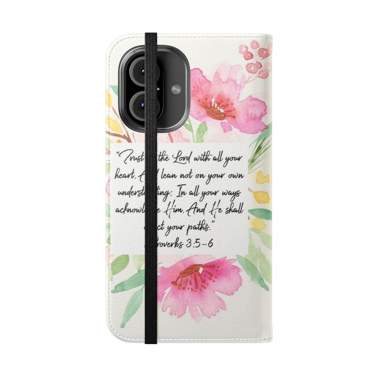 Flip cover phone case featuring the Bible verse "Trust in the Lord with all your heart" from Proverbs 3:5-6. - Folded Front