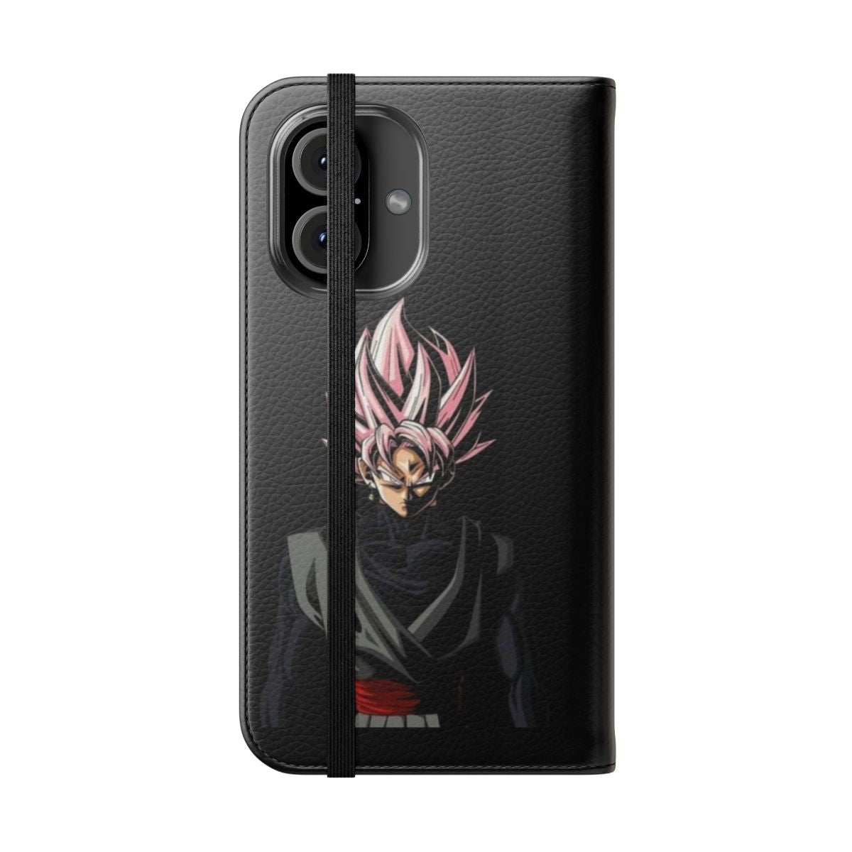 Black flip cover phone case with Goku graphics from Dragon Ball Z - Folded Front