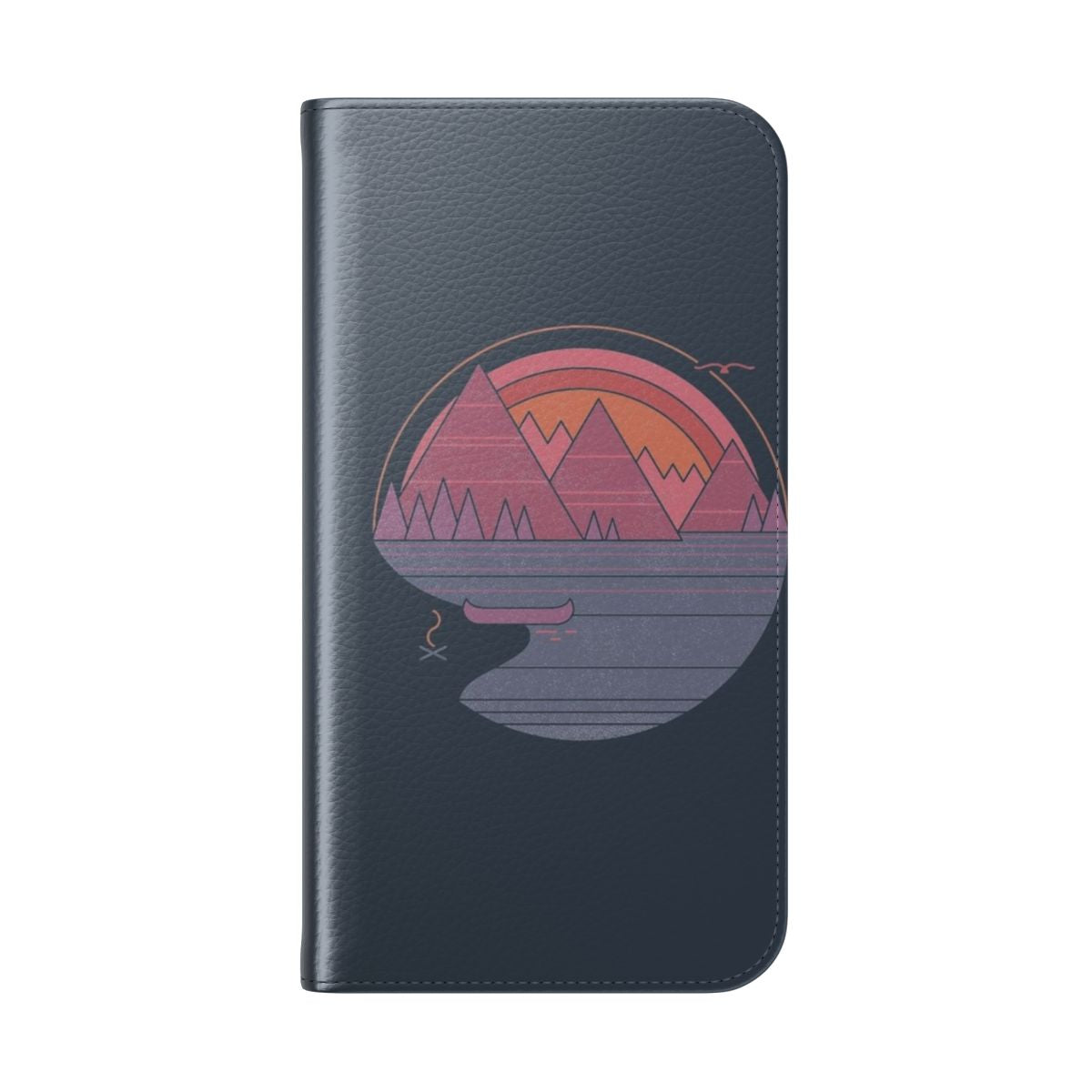 Flip cover phone case featuring a minimalist mountain landscape design in vintage pastel colors. - Folded Back