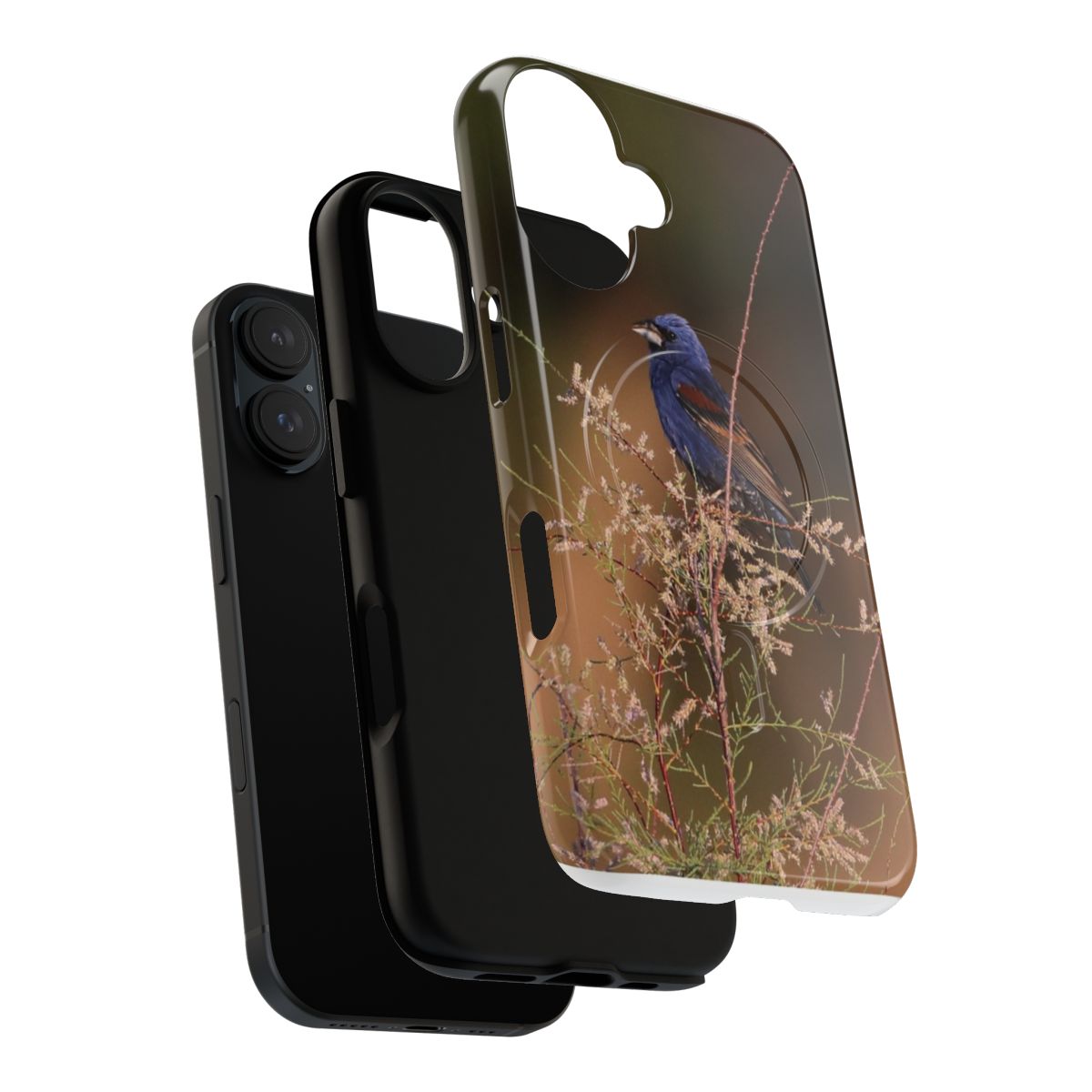 A vibrant blue grosbeak bird perched on a branch against a natural background, captured in a stunning nature photography design. - Layers