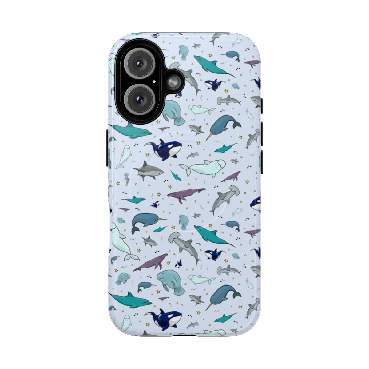 Magnetic tough phone case featuring a vibrant ocean-inspired design with whales, dolphins, and other marine life.