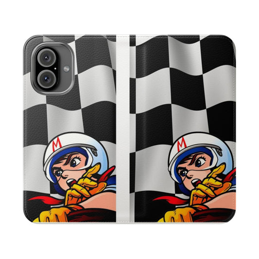 Checkered flag design flip cover phone case with racing car and anime style graphics