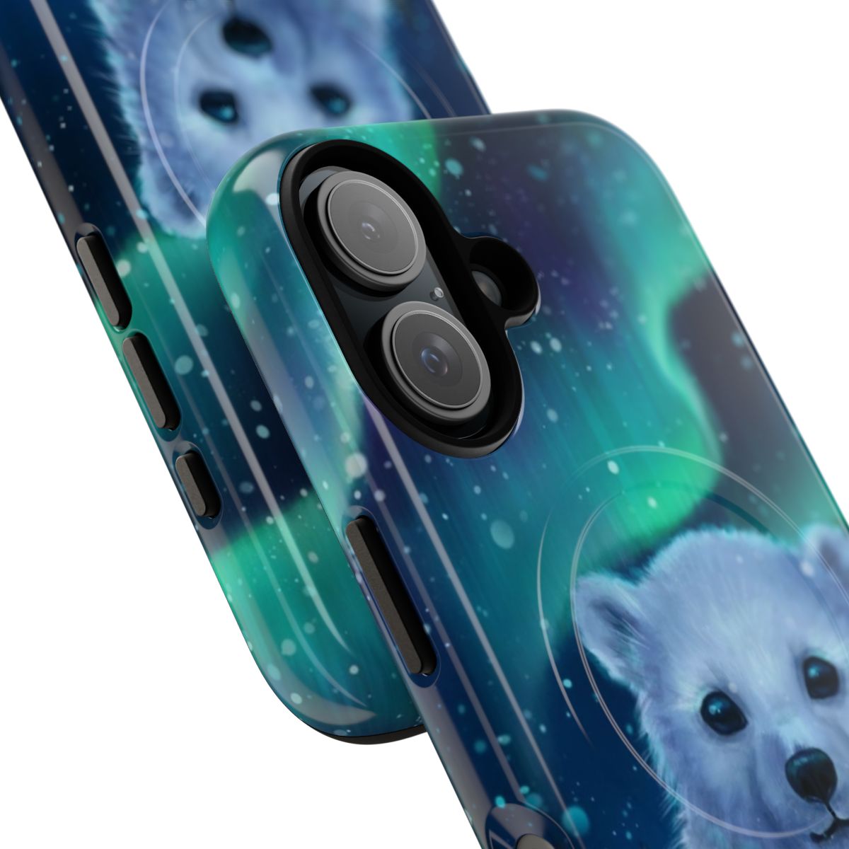 Closeup of a phone case featuring a cute polar bear design against a starry night sky and aurora borealis. - Detail